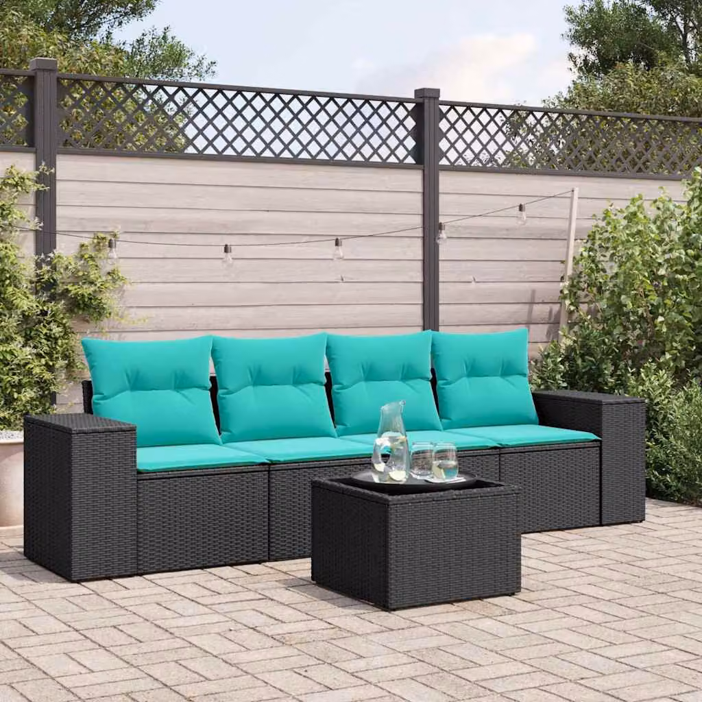 Set da giardino vidaXL in polyrattan composto da 5 pezzi con cuscini, include divano a 3 posti, divano a 2 posti e tavolino da caffè, colore nero