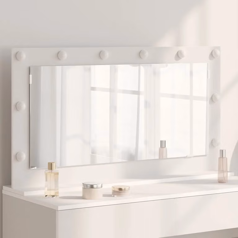 Specchio da vanità vidaXL bianco con luce LED e porta USB, design moderno rettangolare, L 100 cm x P 55 cm x H 18 cm