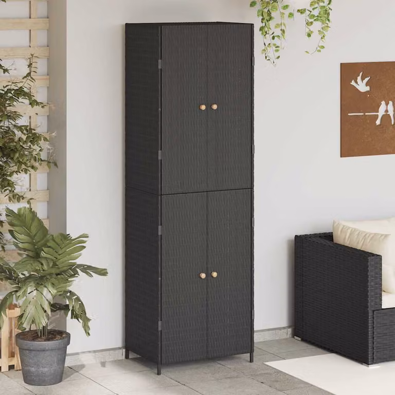 Armadietto Portaoggetti da Giardino vidaXL in Polyrattan e Legno di Acacia, Nero, L: 59 cm, P: 40 cm, H: 180 cm