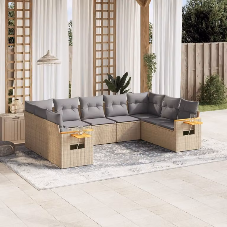vidaXL Set Divano da Giardino 9 pz in Polyrattan con Cuscini Beige e Tavolino da Esterno