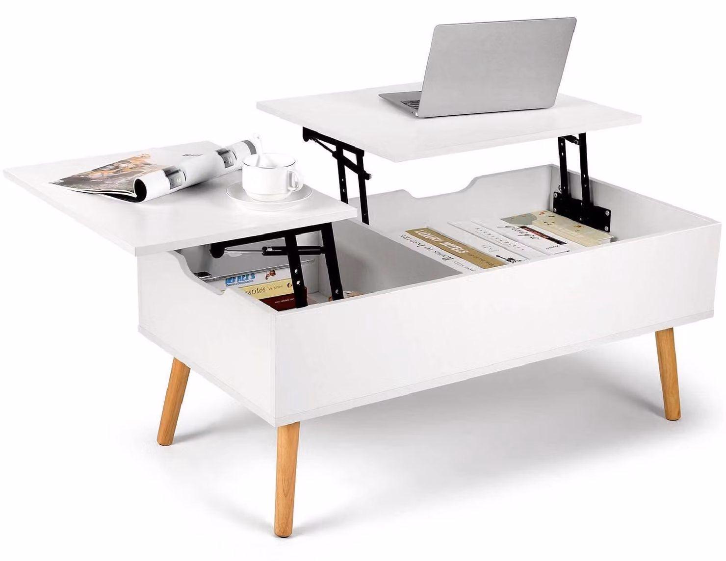 Tavolino da divano, altezza regolabile, bianco, in MDF e legno massello, dimensioni 100,5 x 50,5 x 43,5 cm