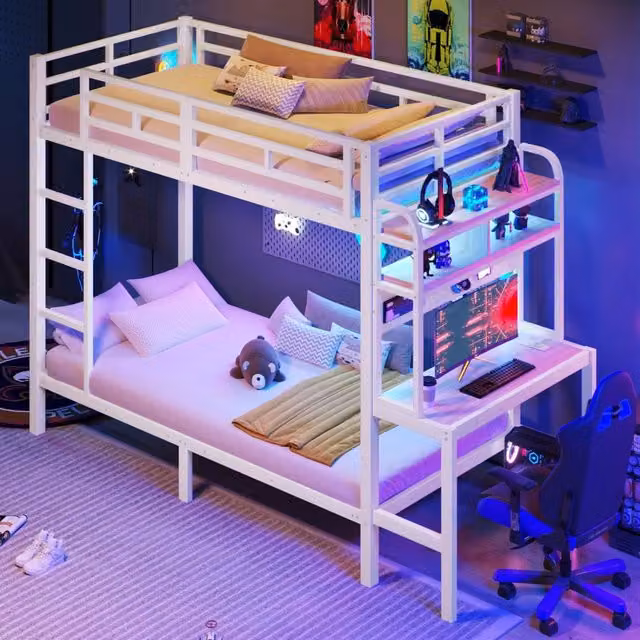 Letto a castello, 90 x 200 cm, struttura in ferro, con ripiano portaoggetti, scrivania, luce a LED, presa USB, bianco
