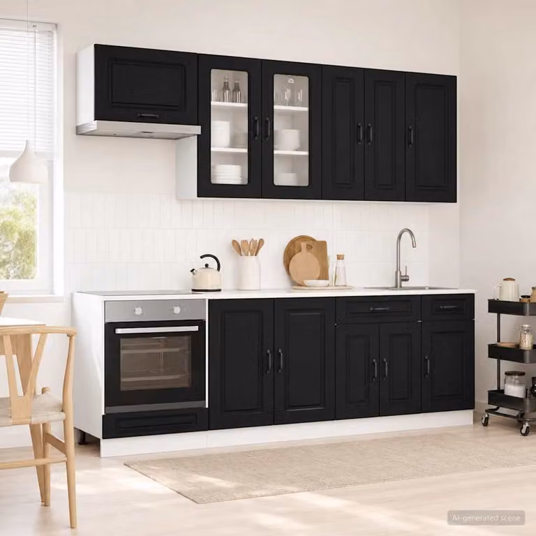 vidaXL Unità Cucina KALMAR 8 Pezzi Nero con Ante in Vetro e Legno MDF