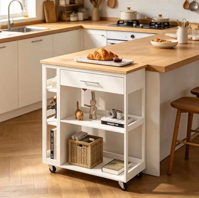 Carrello da cucina mobile in MDF bianco con ripiani e cassetto, 73x88x38 cm