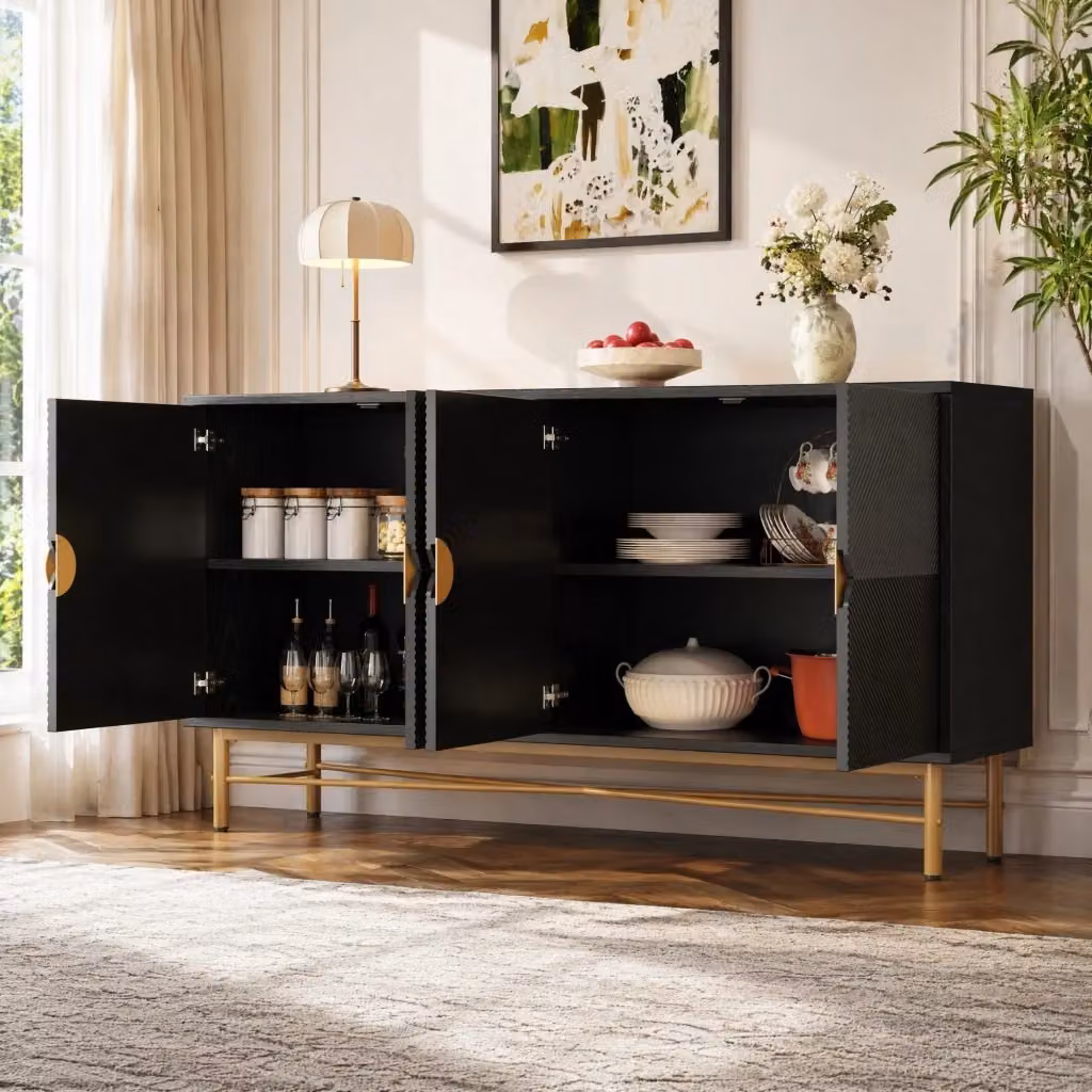 Credenza moderna a quattro ante con chiusura ammortizzata e pannelli testurizzati in MDF e truciolare, colore nero e oro, L: 160 cm, P: 40 cm, H: 82 cm – 2