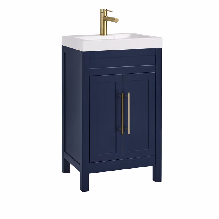 Mobile Bagno Blu Marino da 500mm con Lavabo e Maniglia Moderna con Barra a T in Oro Satinato - Warwick