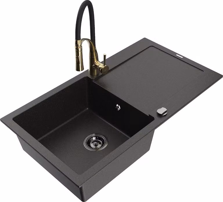 Mexen Leo lavello in granito 1-vasca con sgocciolatoio e rubinetto da cucina Aster, nero/oro metallizzato - 6501-75-73450-57-B