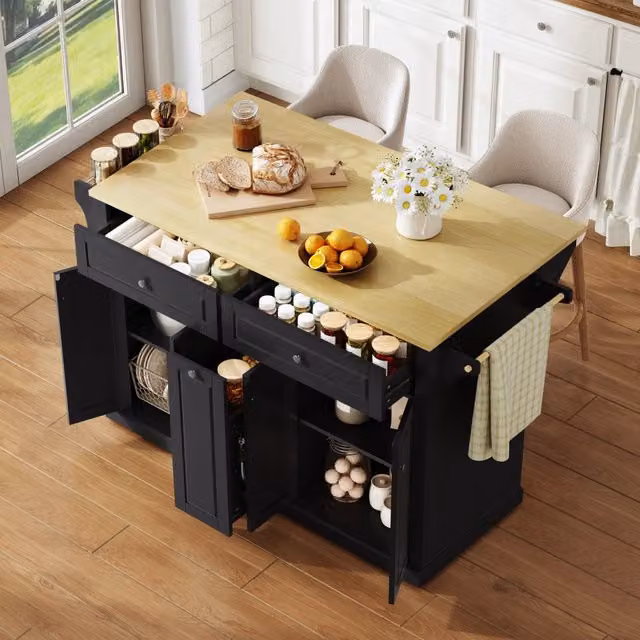 Isola cucina mobile con piano ribaltabile in MDF; ruote bloccabili; cassetti e vani; naturale e nera; 121 x 49-69 x 89 cm