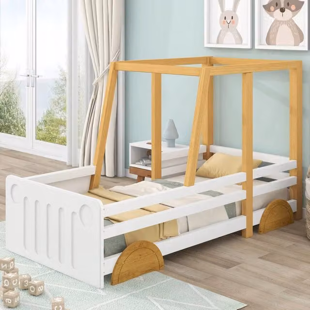 Letto a forma di auto per bambini - Xylo - 90x200 cm - Bianco e naturale