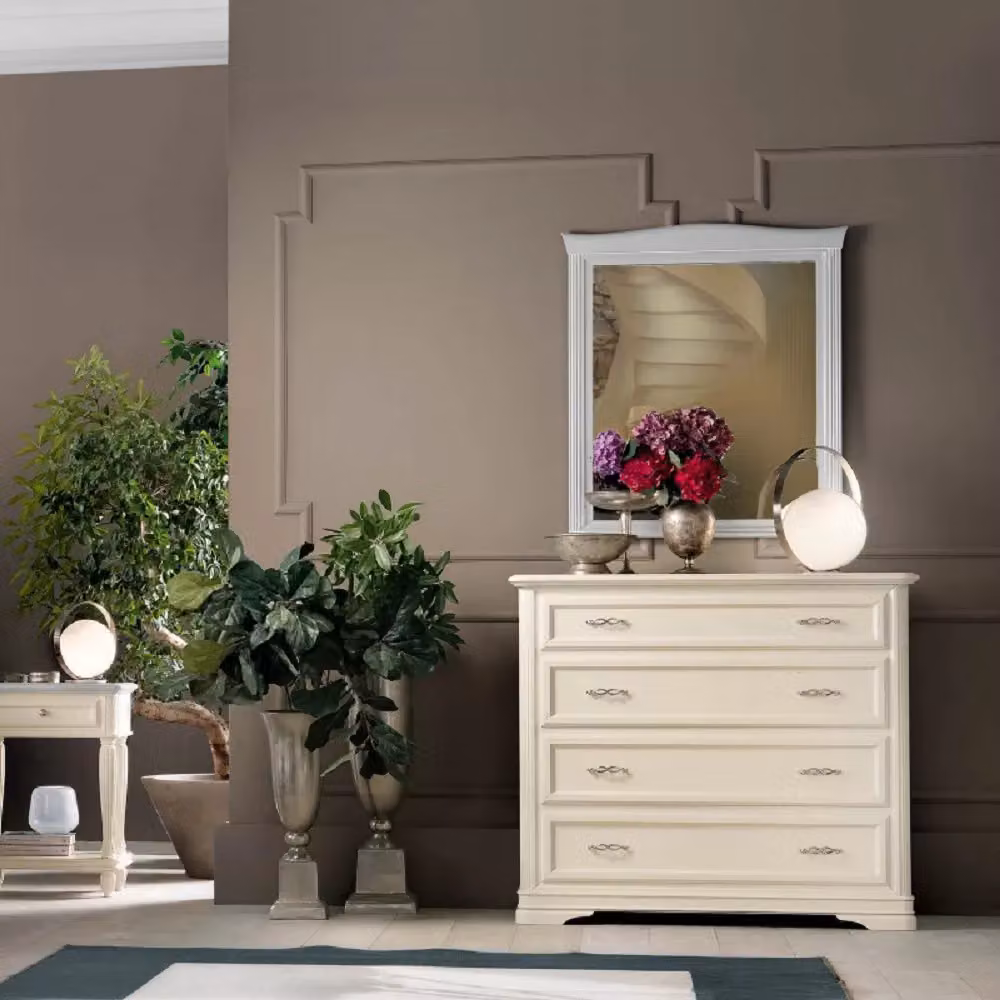 Cassettiera classica con 4 cassetti in legno massello Mobili 2G colore bianco L: 130 cm, P: 51 cm, H: 105 cm – 2
