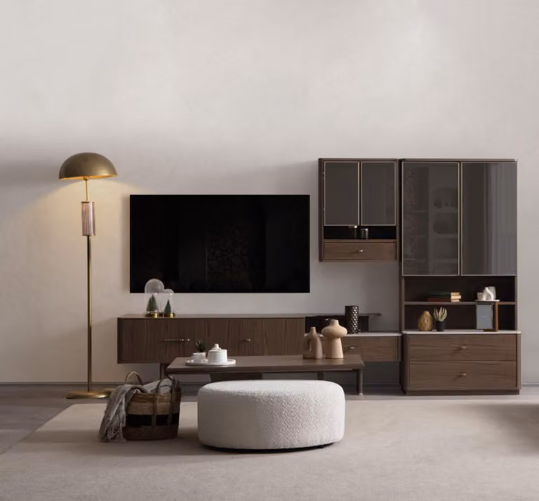 Braune Wohnzimmer TV-Garnitur Stilvolles Lowboard Bücherregal Tisch