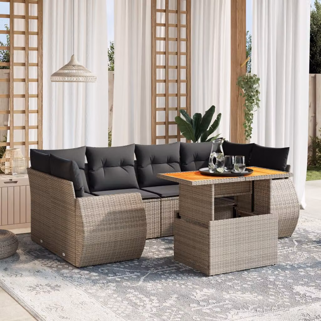 Set di divani da giardino vidaXL 7 pz in polyrattan grigio con cuscini e tavolino da esterno a forma di L – 1