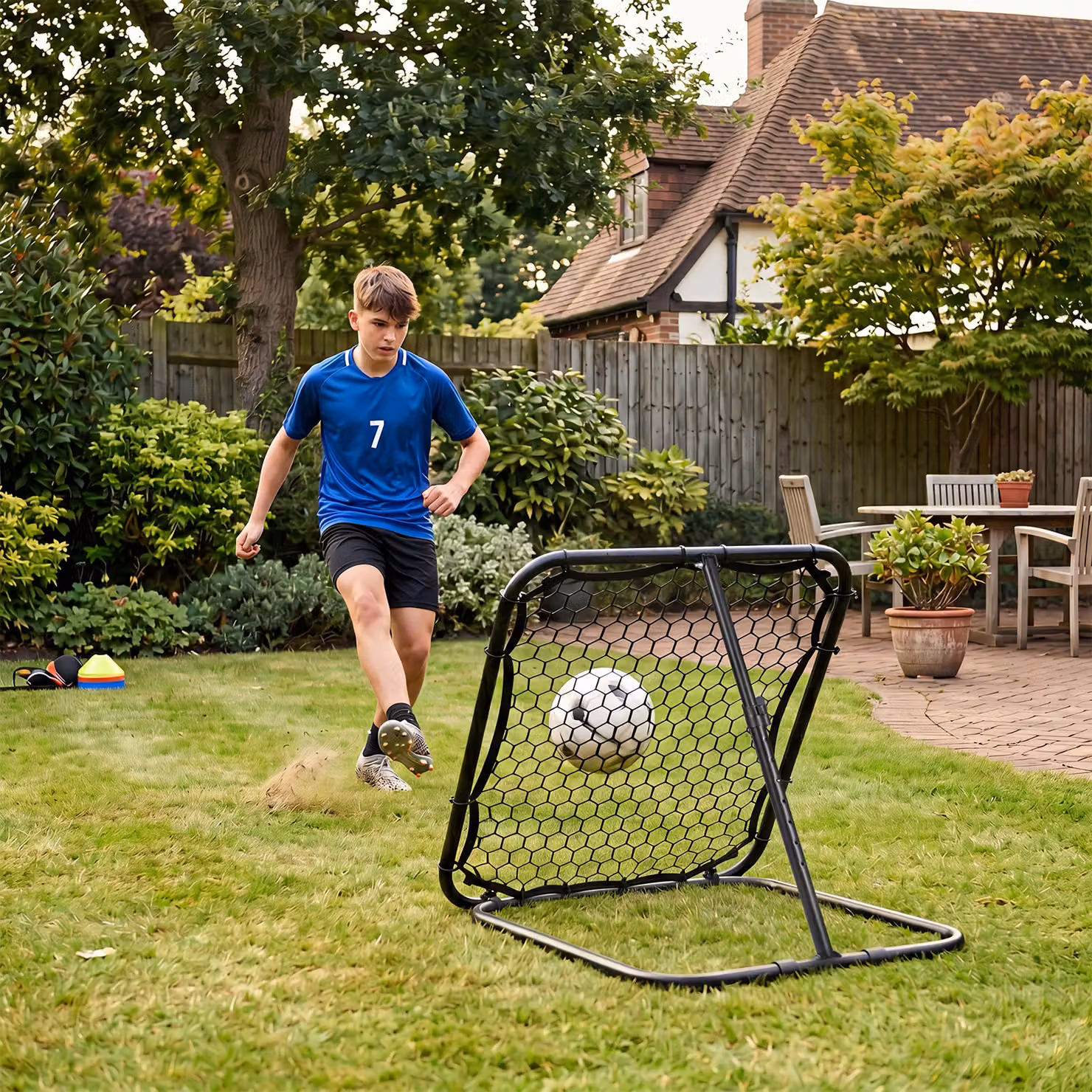 Costway Porta da calcio pieghevole in metallo nero con rete da rimbalzo e 4 picchetti per bambini dai 6 anni in su