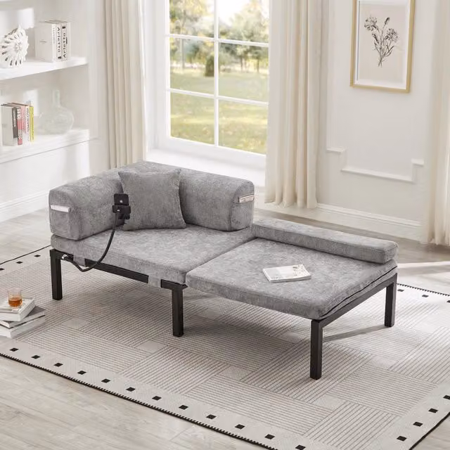 Letto divano estraibile singolo in velluto grigio chiaro, struttura in legno massiccio, senza materasso