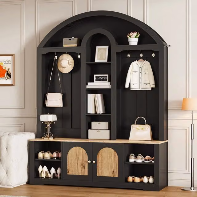 Guardaroba 150x40x195 cm con ripiani; ganci e vano scarpe in MDF nero