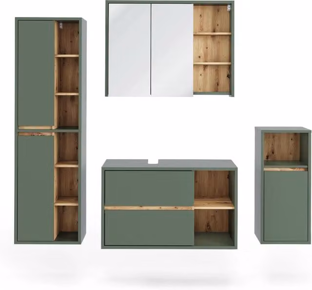 Set di mobili da bagno Viola Verde/Rovere artigianale 4 pezzi Vicco