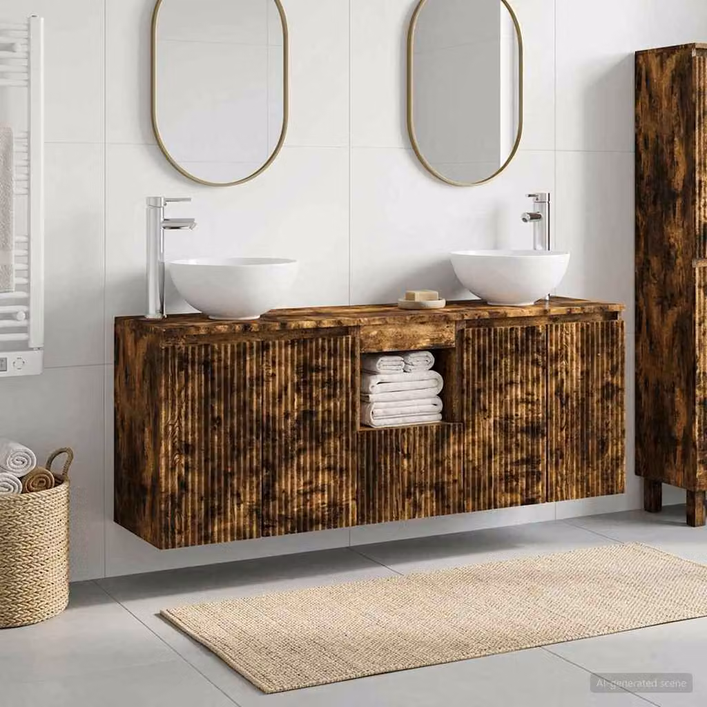 Set di 3 armadi da bagno moderni vidaXL in legno e metallo marrone, L: 129 cm, P: 35 cm, H: 80 cm