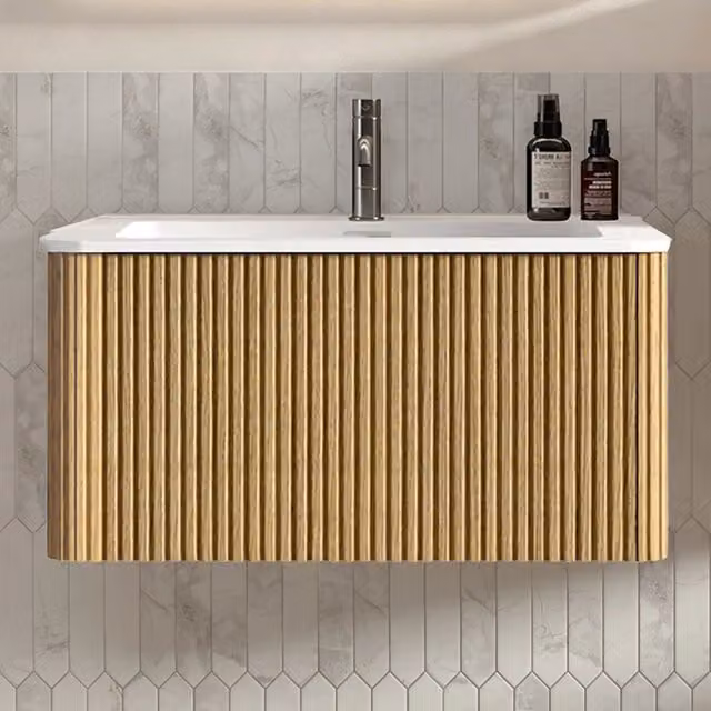 Mobile lavabo da bagno REDOM in legno rovere marrone con cassetti e ante, design minimalista, L: 80 cm – 1