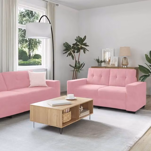 Set di divani 3 pezzi vidaXL in velluto rosa con poltrona, divano a 2 posti e divano a 3 posti per soggiorno