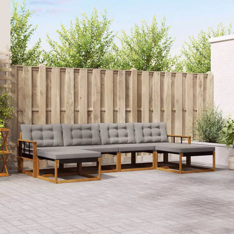 Set di divani da esterno vidaXL a forma di L composto da 6 pezzi in legno di acacia e tessuto textilene, colore grigio e marrone