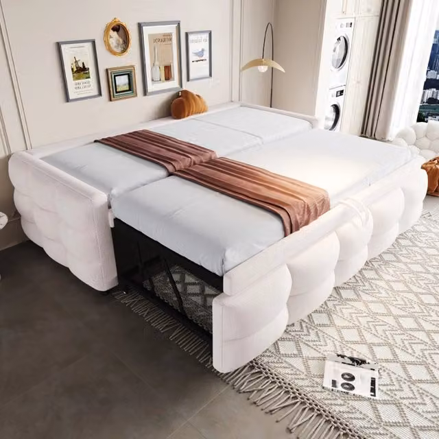 Letto pieghevole MODFU imbottito in tessuto beige e bianco con rete a doghe L/P/H: 190 x 90 x 210 cm