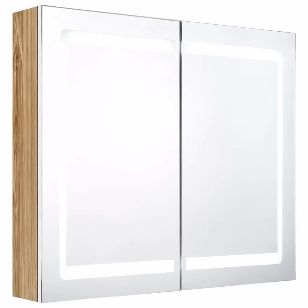 Armadietto da bagno con specchio e illuminazione LED vidaXL, Bianco e Marrone, L: 80 cm, P: 12 cm, H: 68 cm – 2
