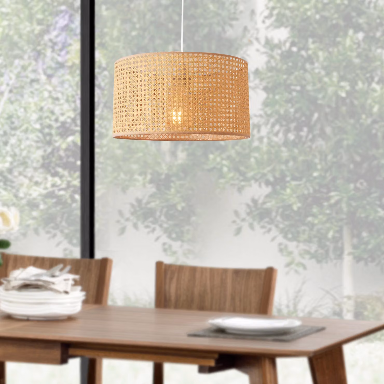 Lampada a sospensione 'Shrewsbury' in rattan beige / bianco