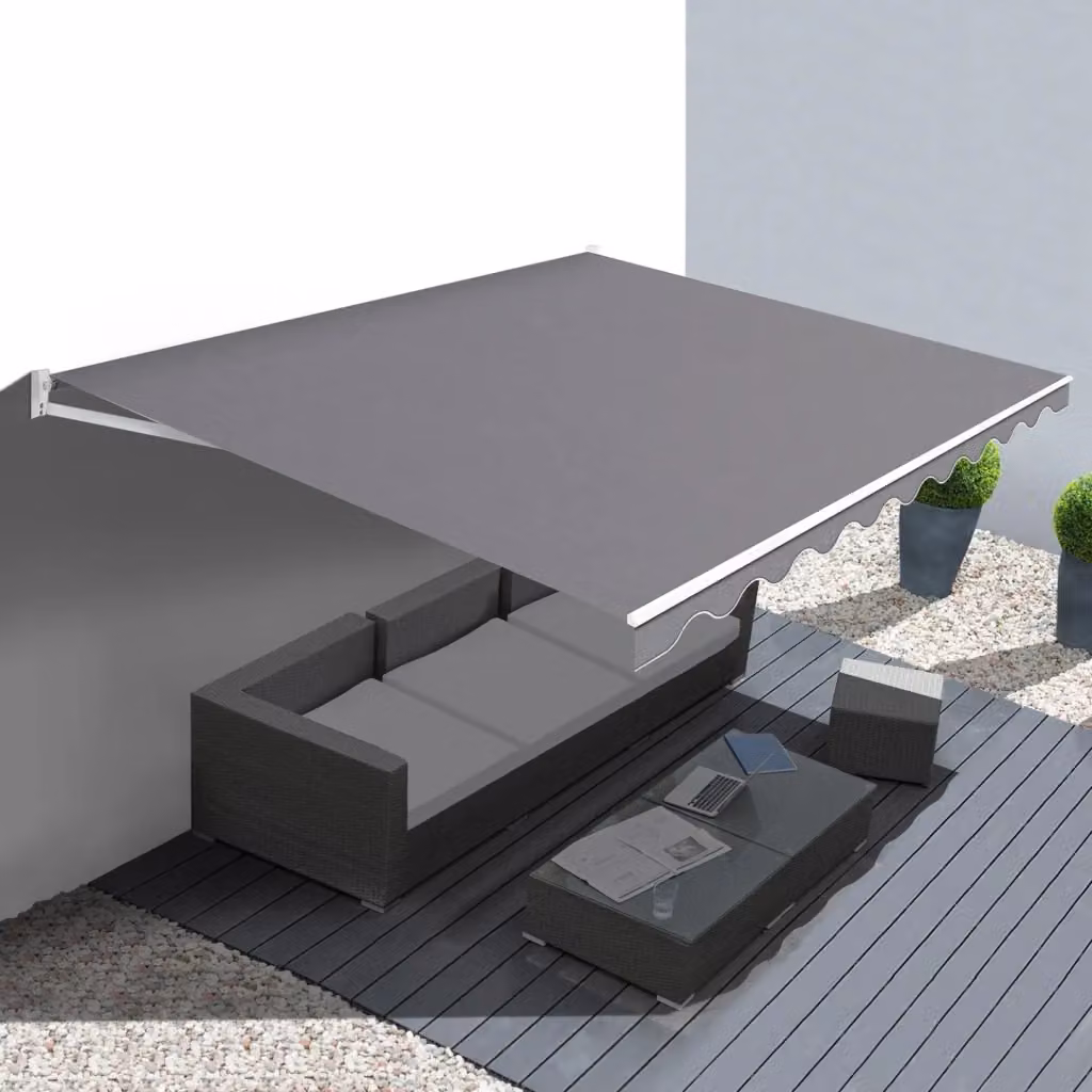 Tenda da sole manuale IDMarket con bracci a soffietto in alluminio e tessuto in poliestere, colore grigio antracite, L: 3.80 m x H: 3 m – 2