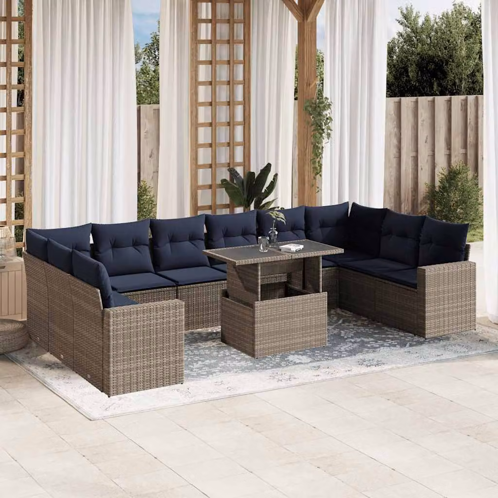 Set di divani da giardino vidaXL a forma di L composto da 11 pezzi con cuscini e tavolino da esterno in polyrattan e metallo, colore grigio e blu