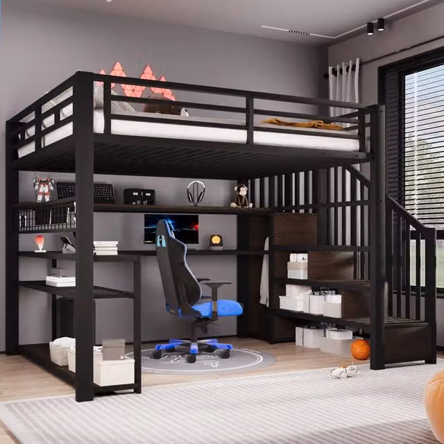 Letto a soppalco 140x200 con scrivania integrata; armadio laterale e LED RGB; metallo e MDF nero