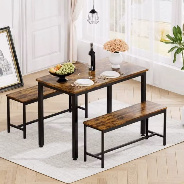 Set tavolo da pranzo industriale 110x60x75 cm, marrone rustico e nero, con 2 panche. Per cucina, soggiorno e sala feste.