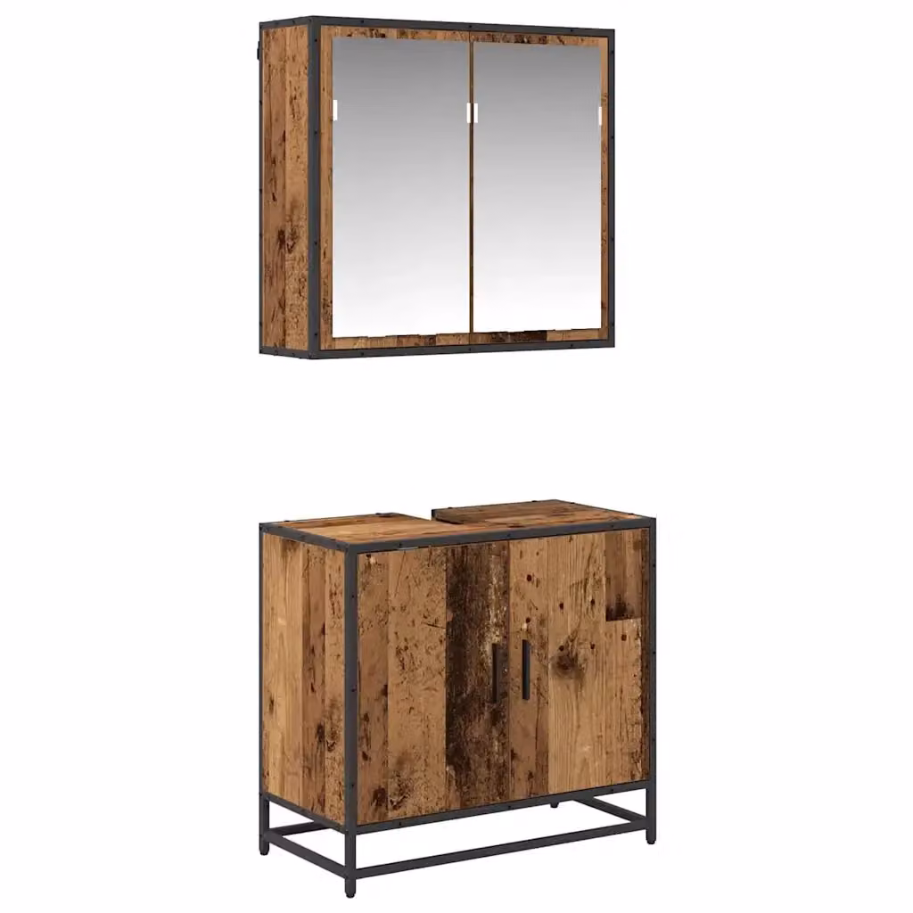 Set di mobili per il bagno vidaXL in legno e metallo marrone con armadietto a specchio e mobile lavabo, stile minimalista, montaggio a parete – 2