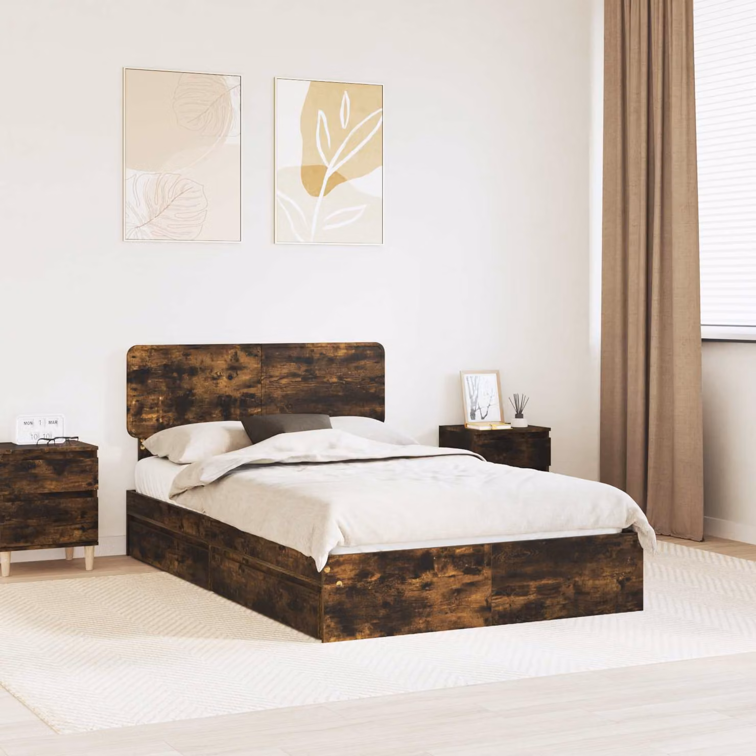 Letto con contenitore vidaXL in legno color rovere fumo L: 138 cm, P: 196 cm, H: 90 cm