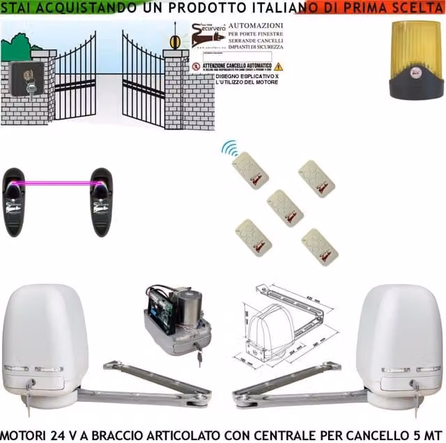 Automatismo Cancello Kit Motori Braccio Articolato 24 V 2 Ante da 0,5 a 2,5 MT Centrale 220/24 V Selettore Faro Coppia di Fotocellule 5 Radiocomandi