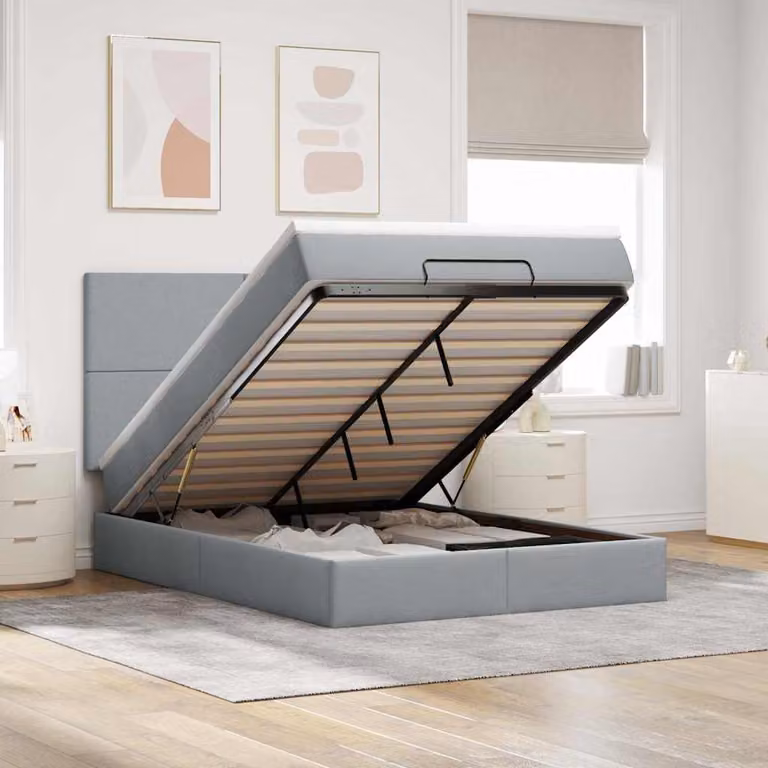 Letto con contenitore a sollevamento e materasso vidaXL in tessuto grigio e bianco, L: 190 cm, P: 140 cm, H: 280 cm