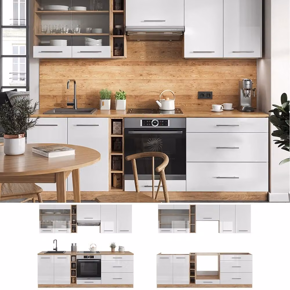 Cucina componibile moderna Vicco Fame-Line Bianco lucido e Rovere dorato L: 235 cm – 2