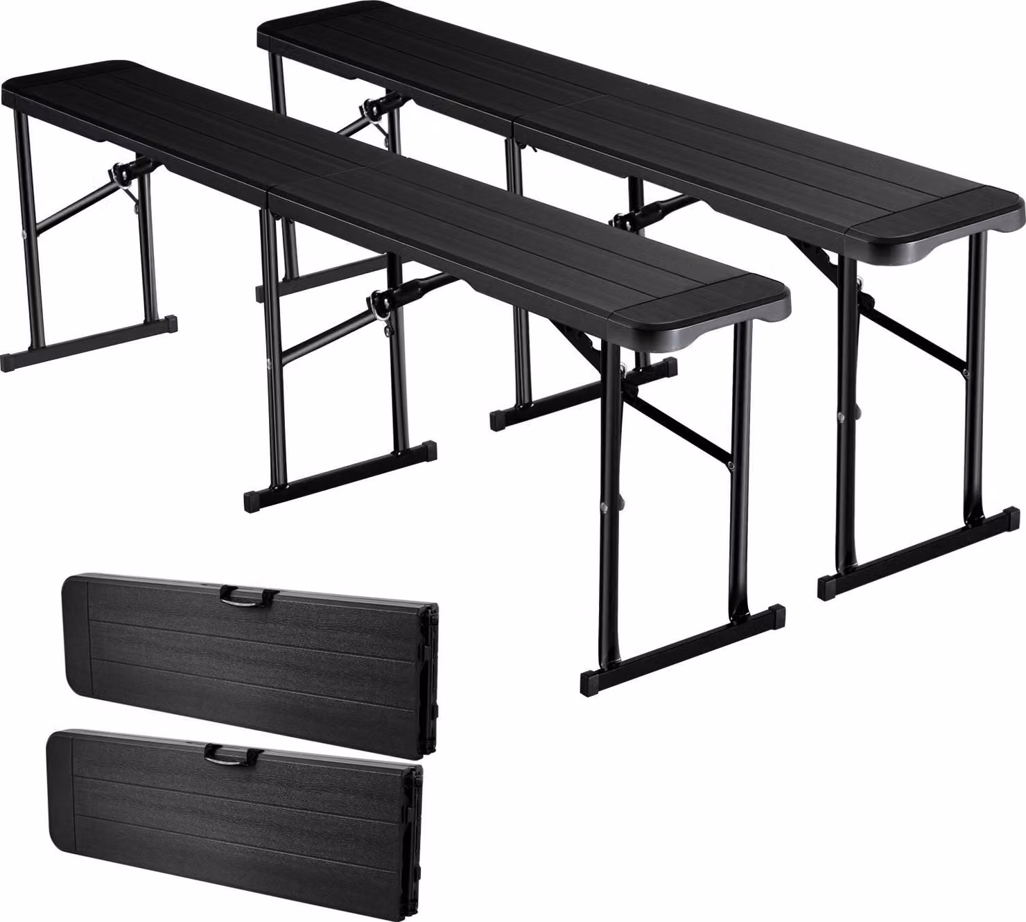 Panca pieghevole / panca da birra - Set da 2 pezzi 182 cm - Pieghevole - Portatile - Seduta in HDPE - Portata 150 kg per seduta - Con 2 borse per il trasporto - Nero