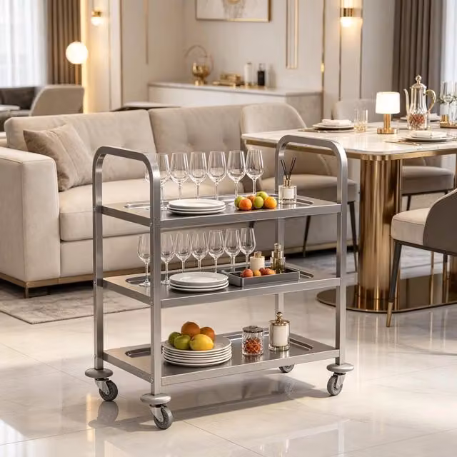 Carrello di servizio Weimin a tre ripiani in acciaio inossidabile color argento, L: 150,0 cm, P: 88,2 cm, H: 50,5 cm – 1