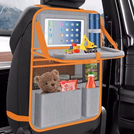Organizer da auto per bambini, grande copertura per lo schienale, multifunzionale, impermeabile, organizer per il sedile posteriore del passeggero con tavolino ribaltabile, supporto per tablet e numerosi scomparti, grigio/arancione