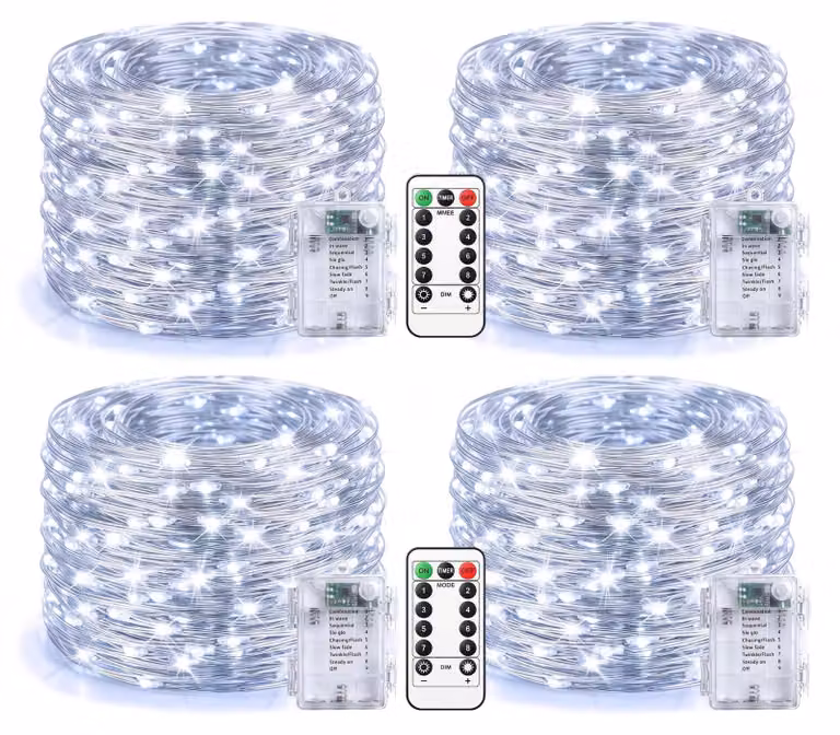 Catena luminosa con 100 LED, lunghezza 10 metri, alimentazione a batteria, 4 pezzi, luce bianca fredda