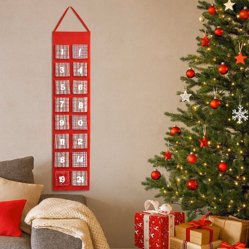 Calendario dell'Avvento da appendere e riempire personalmente - Calendario dell'Avvento in feltro - Colori: rosso, beige, bianco