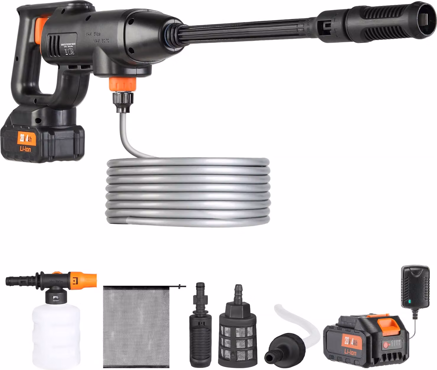 SucceBuy Idropulitrice a batteria - 580 PSI 1,1 GPM Pulitore portatile con batteria da 4,0 Ah e caricatore, ugello 6-in-1, ideale per la casa, i pavimenti, la pulizia dell'auto e l'irrigazione