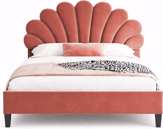 Letto matrimoniale imbottito 140x200 cm con testiera a fiore e rete a doghe; velluto rosso