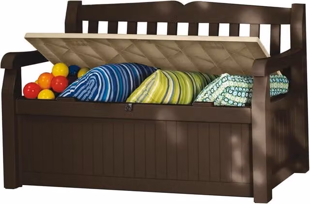 Panchina contenitore da giardino Keter Eden marrone e beige con braccioli e resistenza alle intemperie L/P/H: 140 x 60 x 84 cm – 1