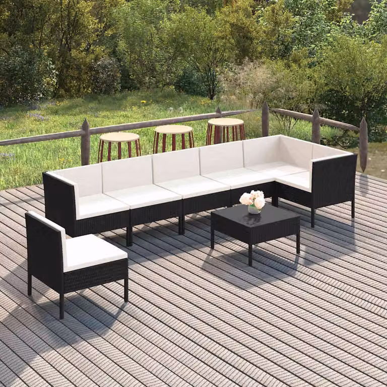Set Divani da Giardino vidaXL 8 pz in Polyrattan Nero con Cuscini e Ottoman, Design Moderno a L con Struttura in Acciaio Verniciato a Polvere e Coperture Rimovibili