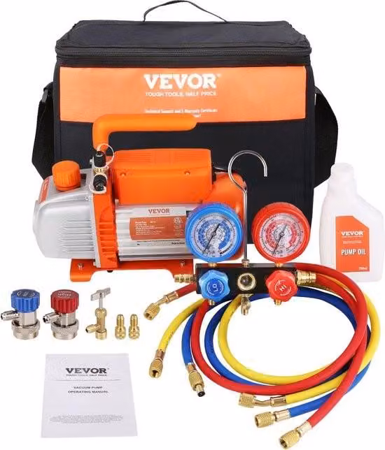 Pompa per vuoto 100 l/min, monostadio, 220 V/50 Hz, 1440 giri/min, 800-4000 PSI (55-276 bar), capacità olio 250 ml, set di manometri per collettore del vuoto