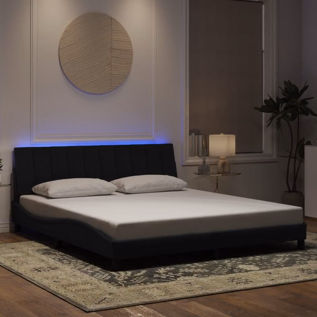 vidaXL Giroletto Hanko Nero in Velluto con Illuminazione LED e Porte USB, L 180 x P 200 cm – 1
