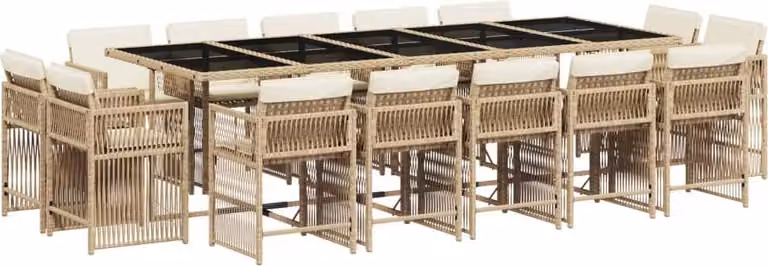 Set da Pranzo da Giardino 15 pz con Cuscini Beige in Polyrattan