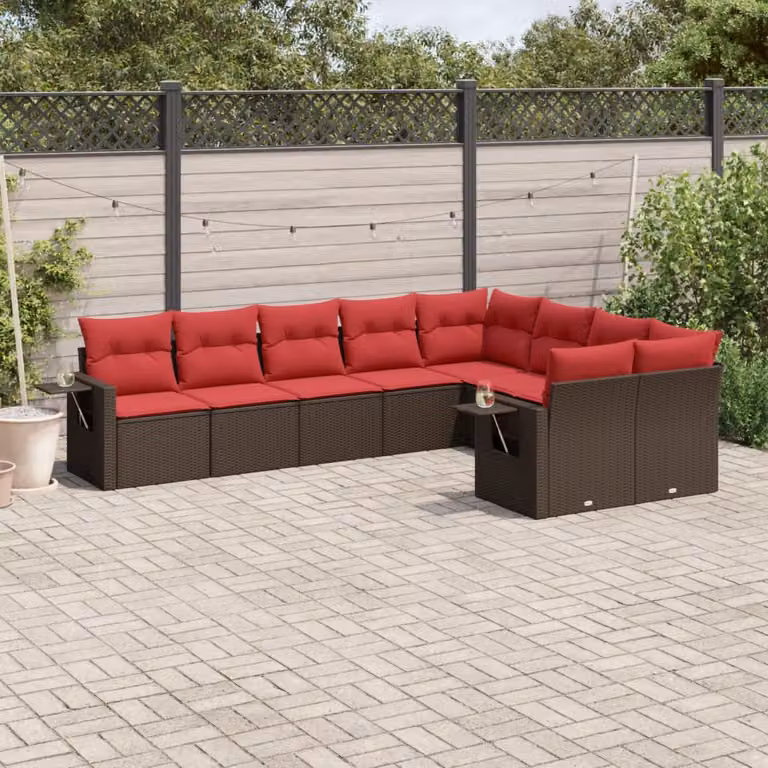 vidaXL Set Divani da Giardino 9 pz a Forma di L in Polyrattan Marrone con Cuscini e Ottoman