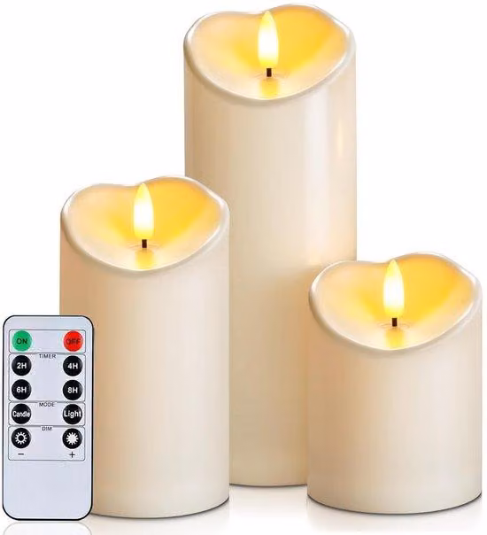 Set di 3 candele LED senza fiamma, impermeabili (grado di protezione IP55), ideali per interni ed esterni, con telecomando, timer e funzione di simulazione della fiamma regolabile